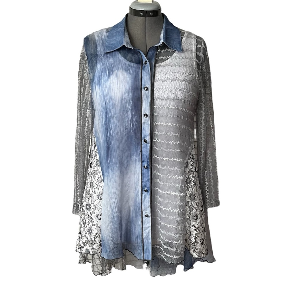 Minkas mixed media button front tunic top XL